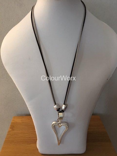 Long heart necklace on black/Grey leather cord £9.95