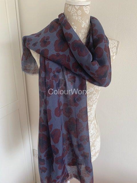 Blue Scarf with Burgundy Poppies