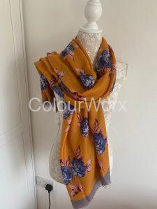 Scarf Mustard with blue flowers £15.00