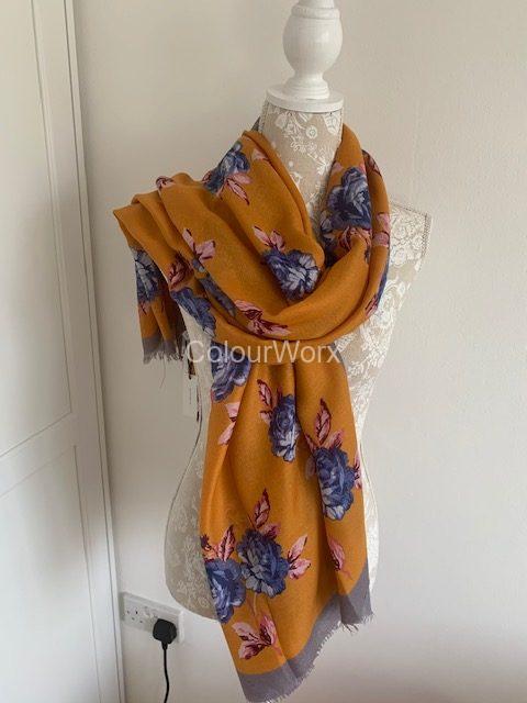 Scarf Mustard with blue flowers £15.00